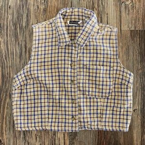 Vtg Xhilaration Button-Up Sleeveless Crop Top Jrs Sm Blue Yellow White Plaid 90s